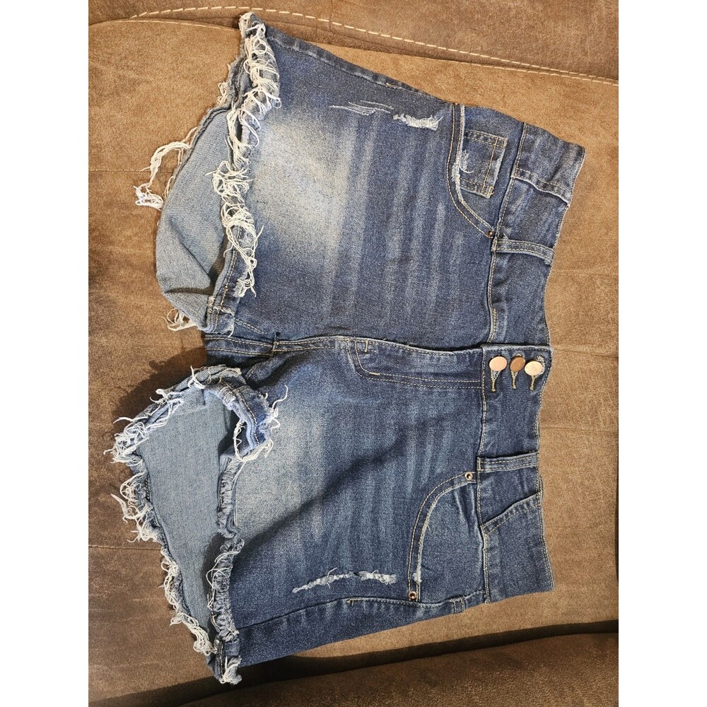 Women's XL Blue Denim Cut Off Shorts Distressed Button Fly Pockets Stretch